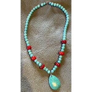 Turquoise Beaded Necklace with Red Accents and Teardrop Pendant